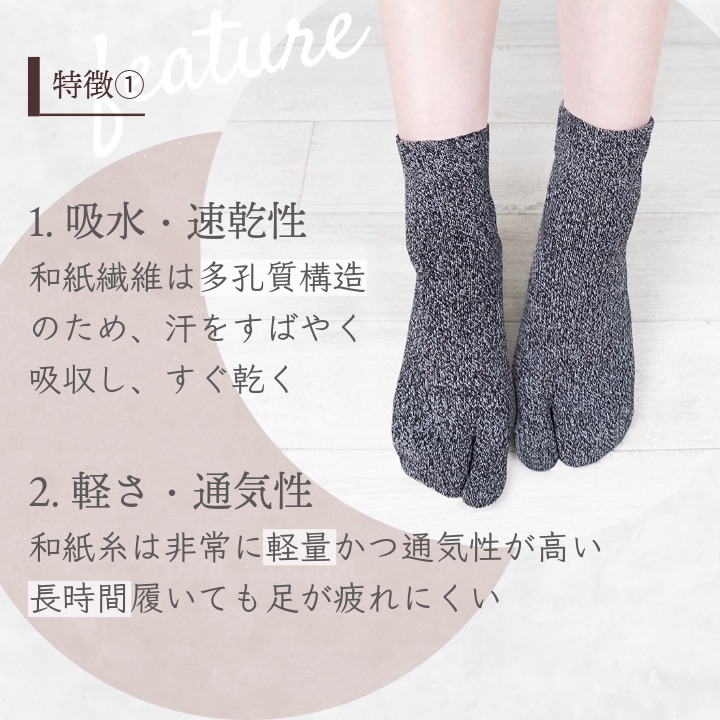わしタビの機能紹介。多孔質構造の和紙繊維による高い吸水・速乾性と、非常に軽量で通気性に優れた素材の特長。長時間履いても足が疲れにくく、常にサラッとした履き心地を維持